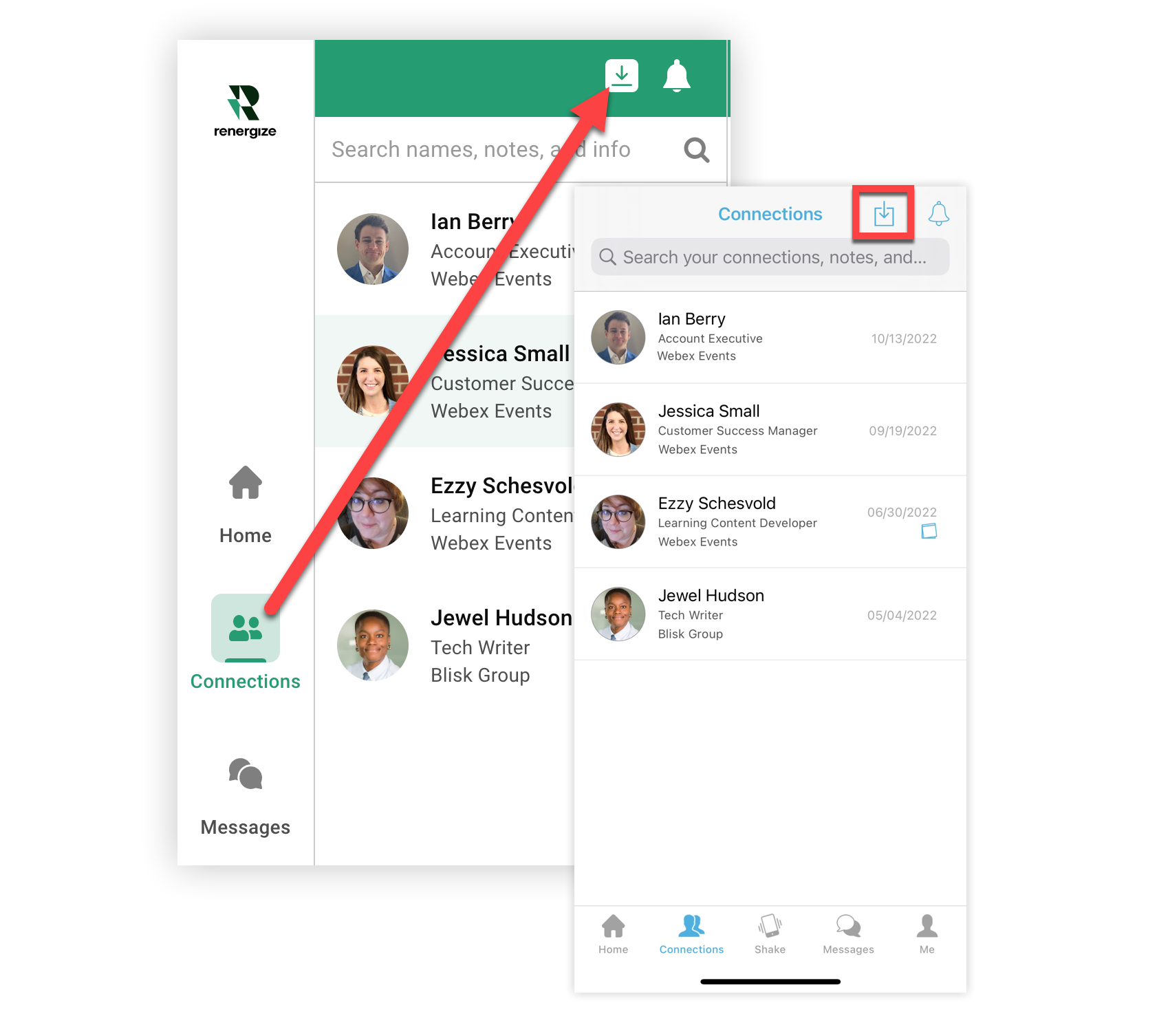 The export icon on the Connections page in the Web App and Mobile App.