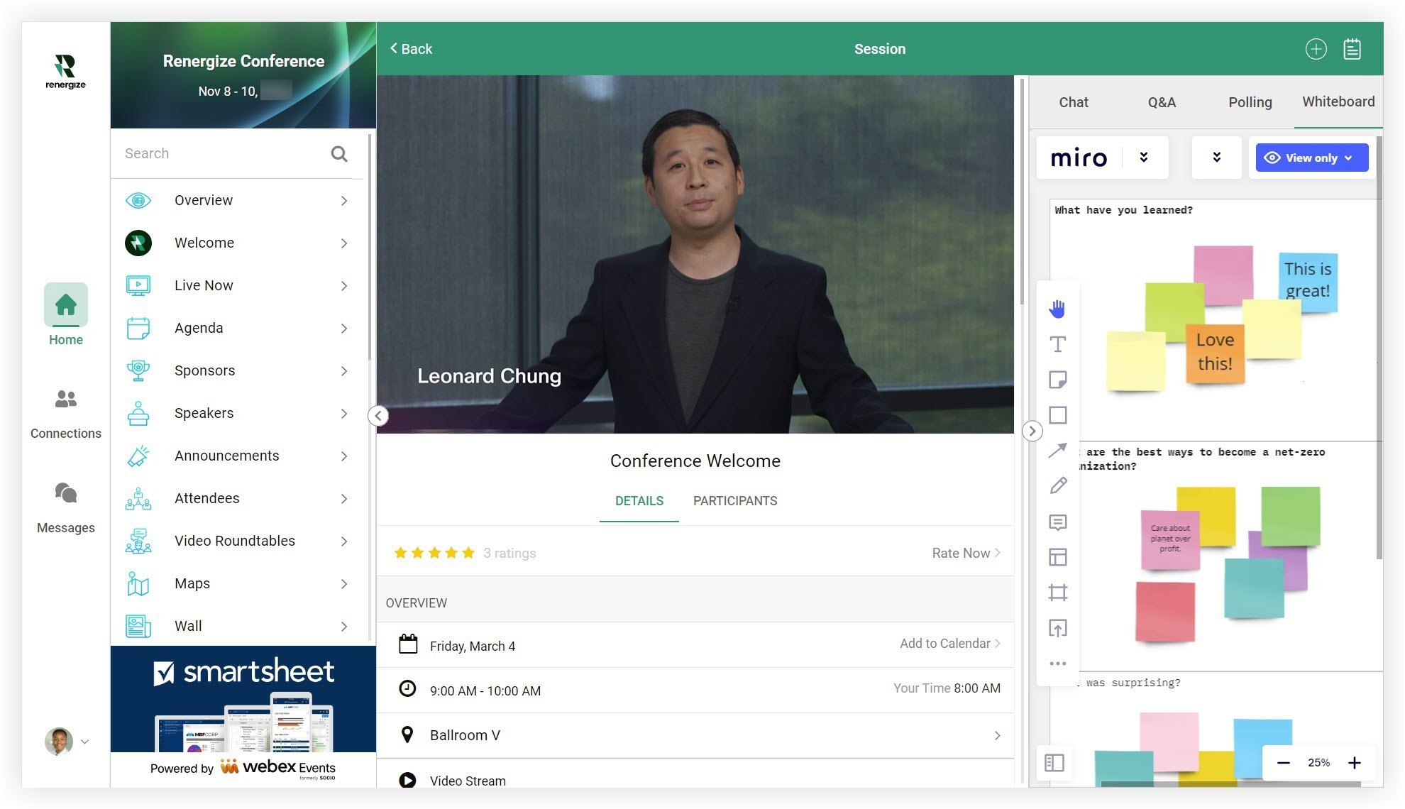 A live stream with Q and A, Polling, and a Custom Tab. The Custom Tab has Miro embedded in it.
