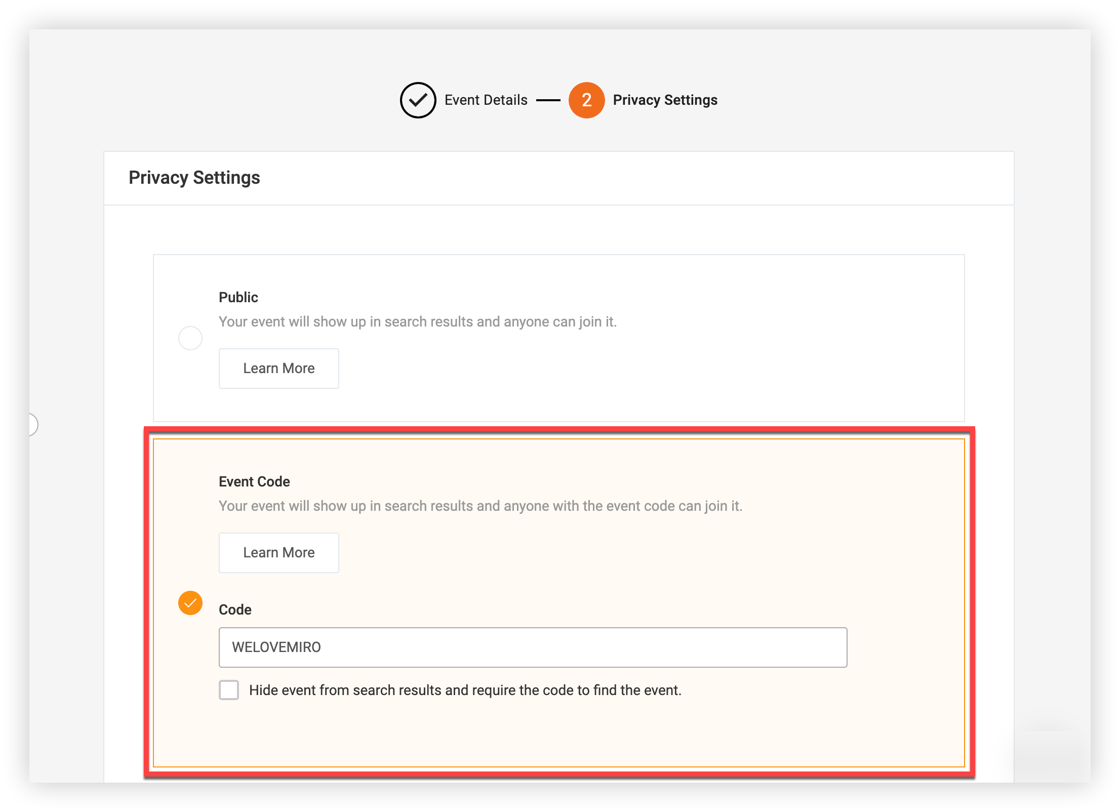 The Event Code Privacy setting, with a Sponsor-specific Event Code entered.