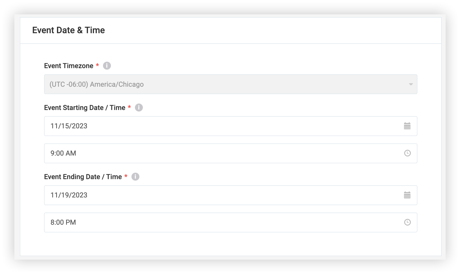 The Event Date and Time section of the Details page.