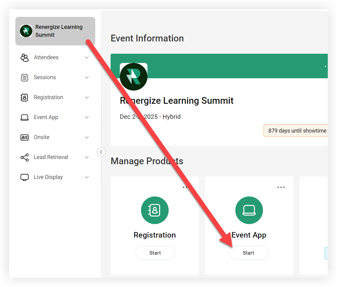 The Event App 'Start' button on the Event Overview page.