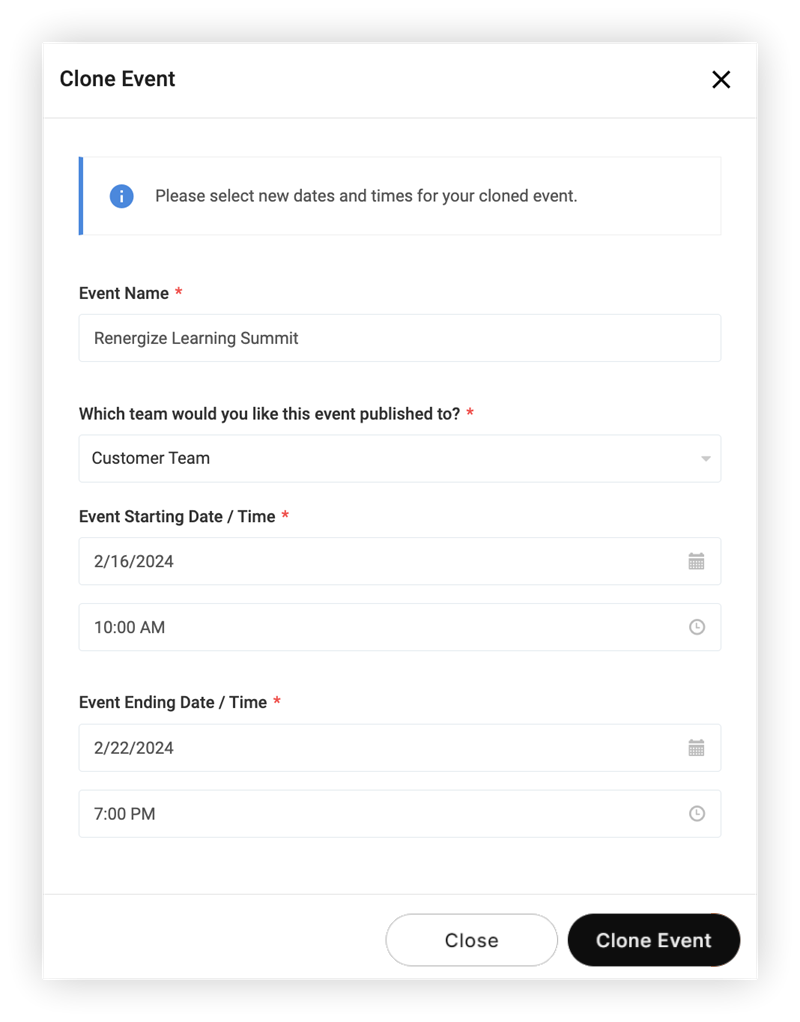 The Clone Event modal.