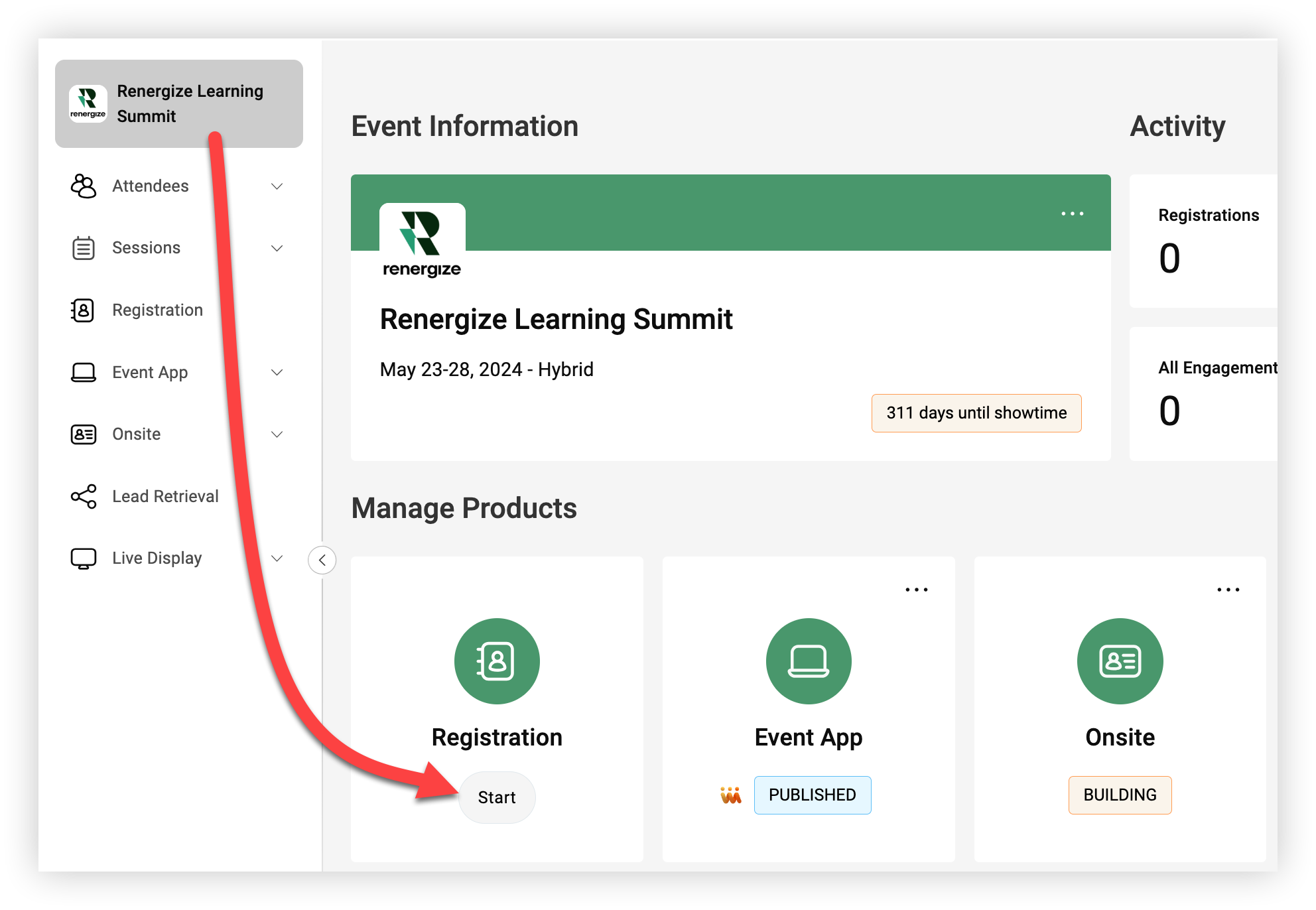 The Event Overview page. The Registration product's Start button is indicated.