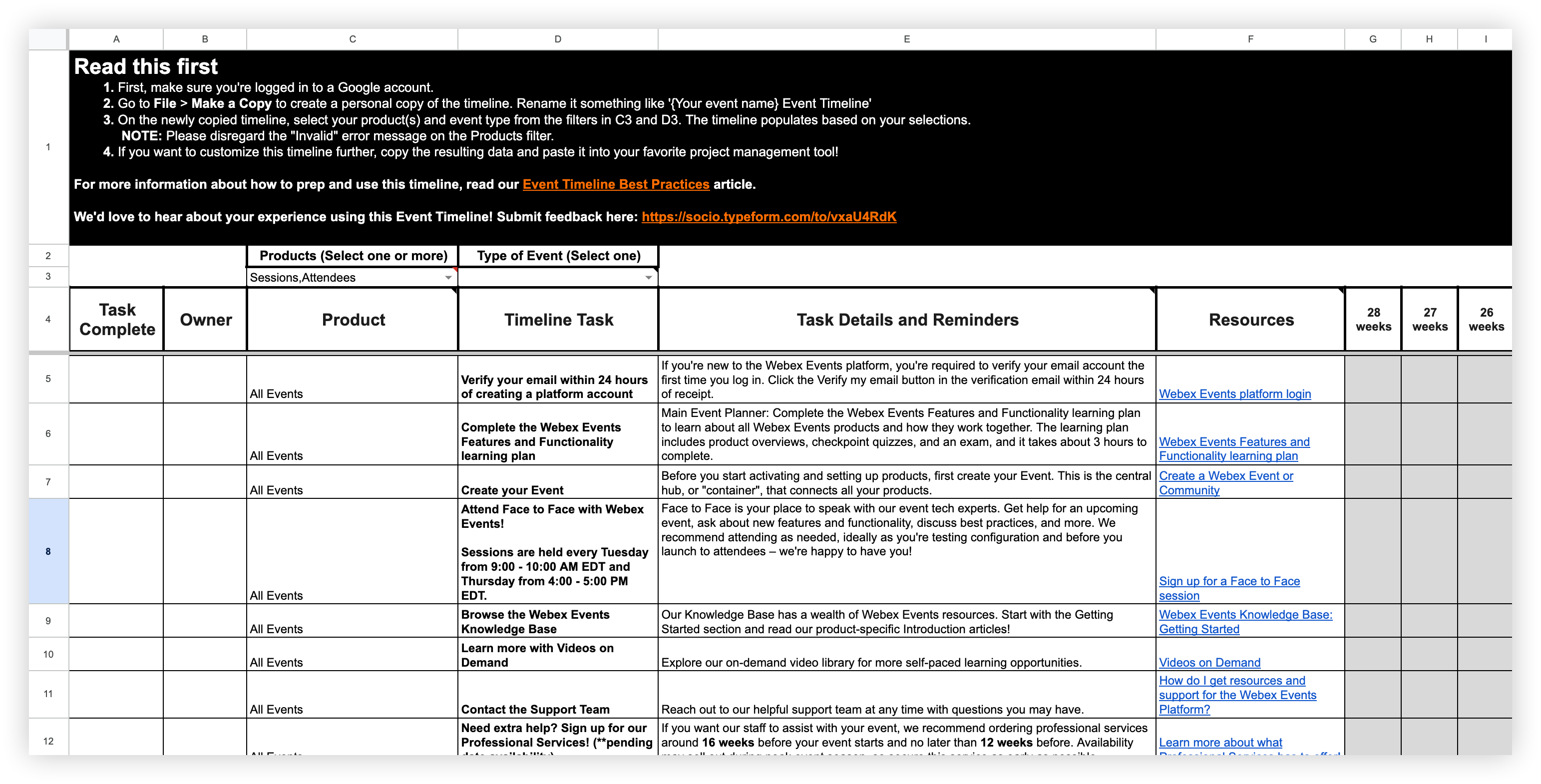 The event timeline best practices planning document.