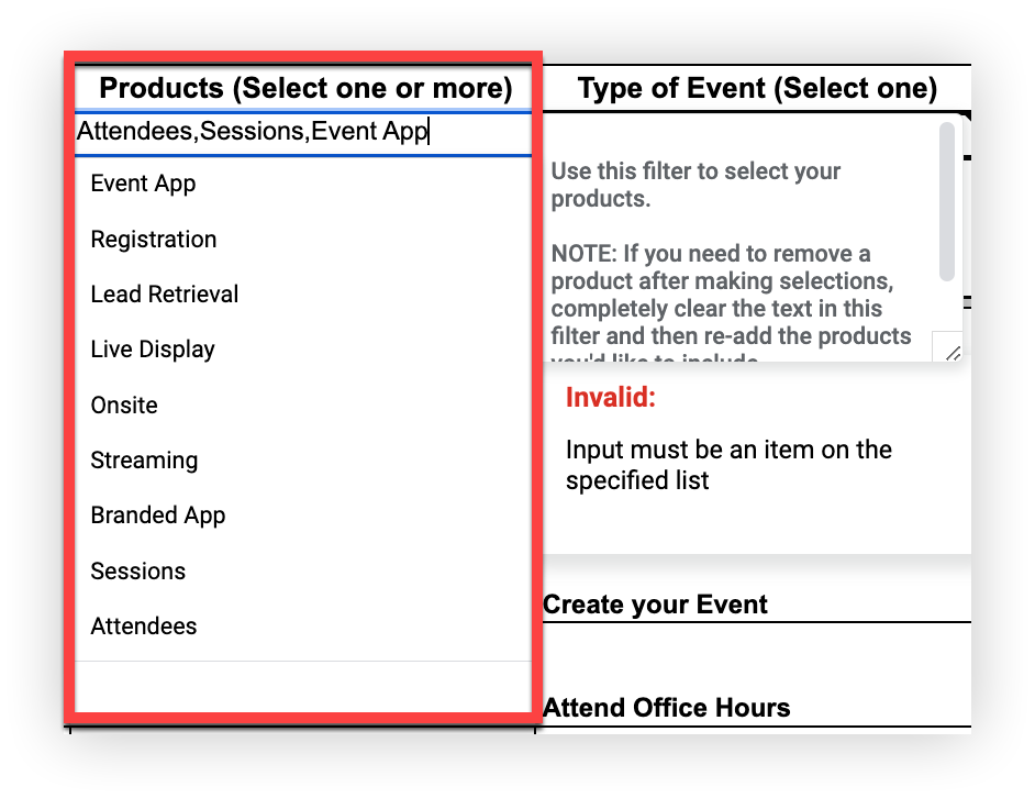 The selections in the Products filter.