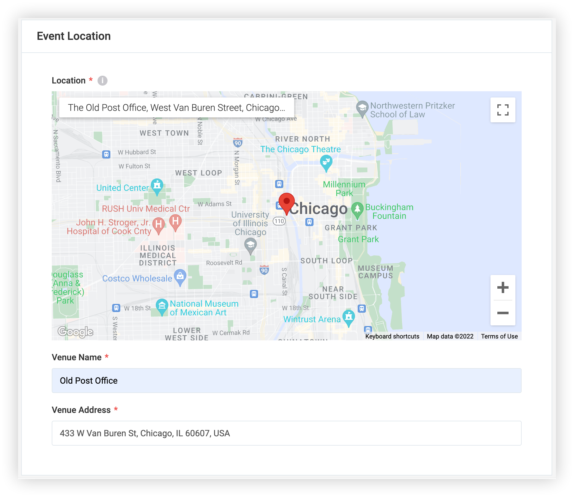 The Event Location section of the Details page.