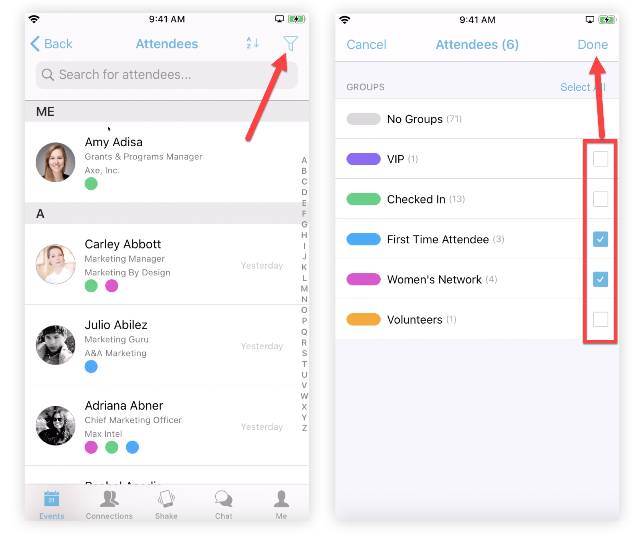 The filter button on the Mobile App's Attendees page and the filters page with several groups checked.