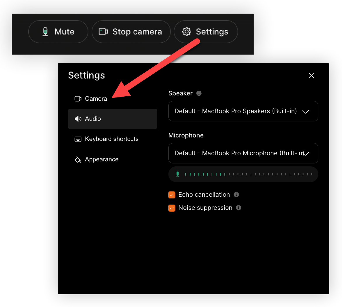 The green room 'Settings' button and the Settings modal.
