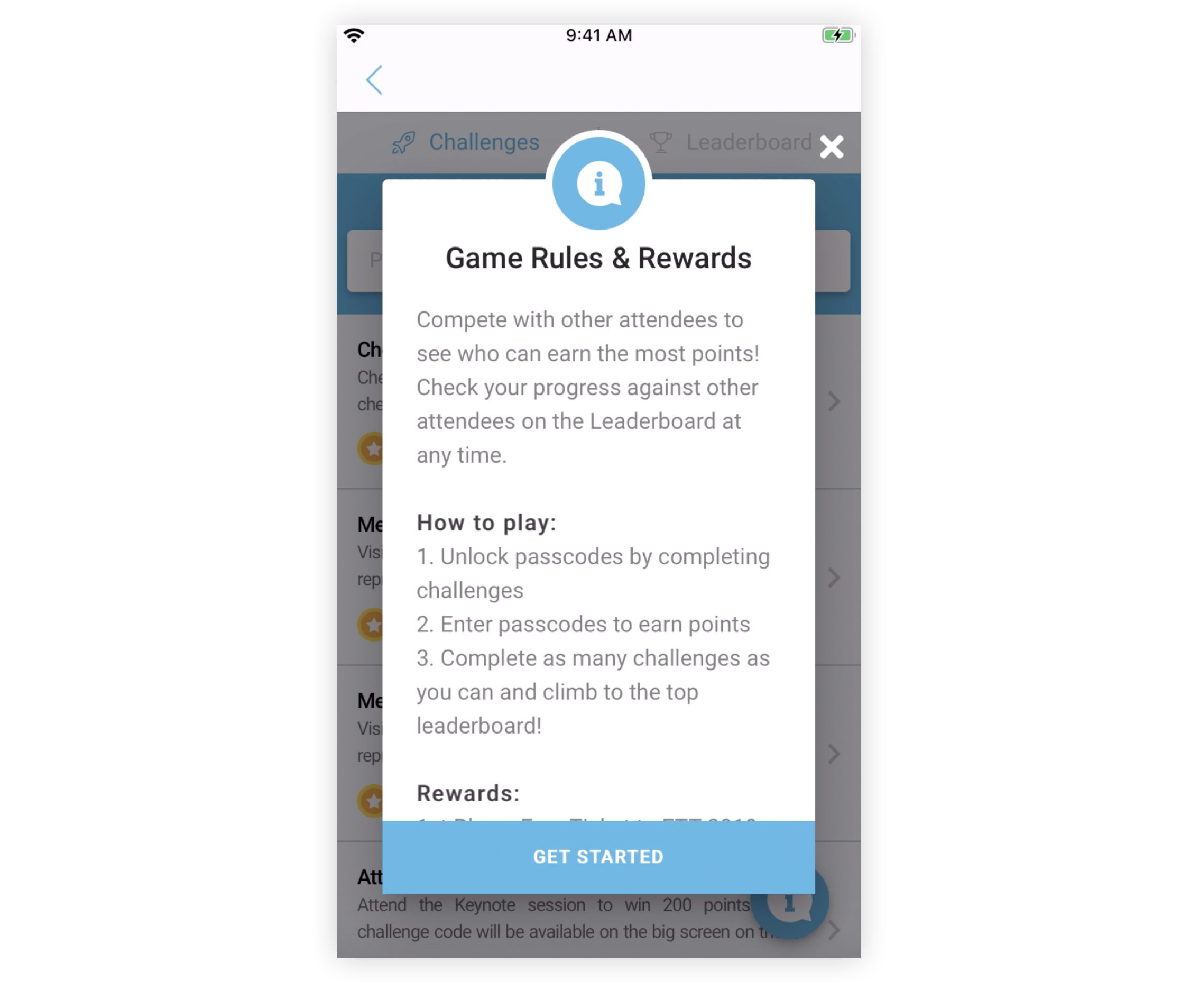 The Game feature's Game Rules and Rewards page on the Mobile App.