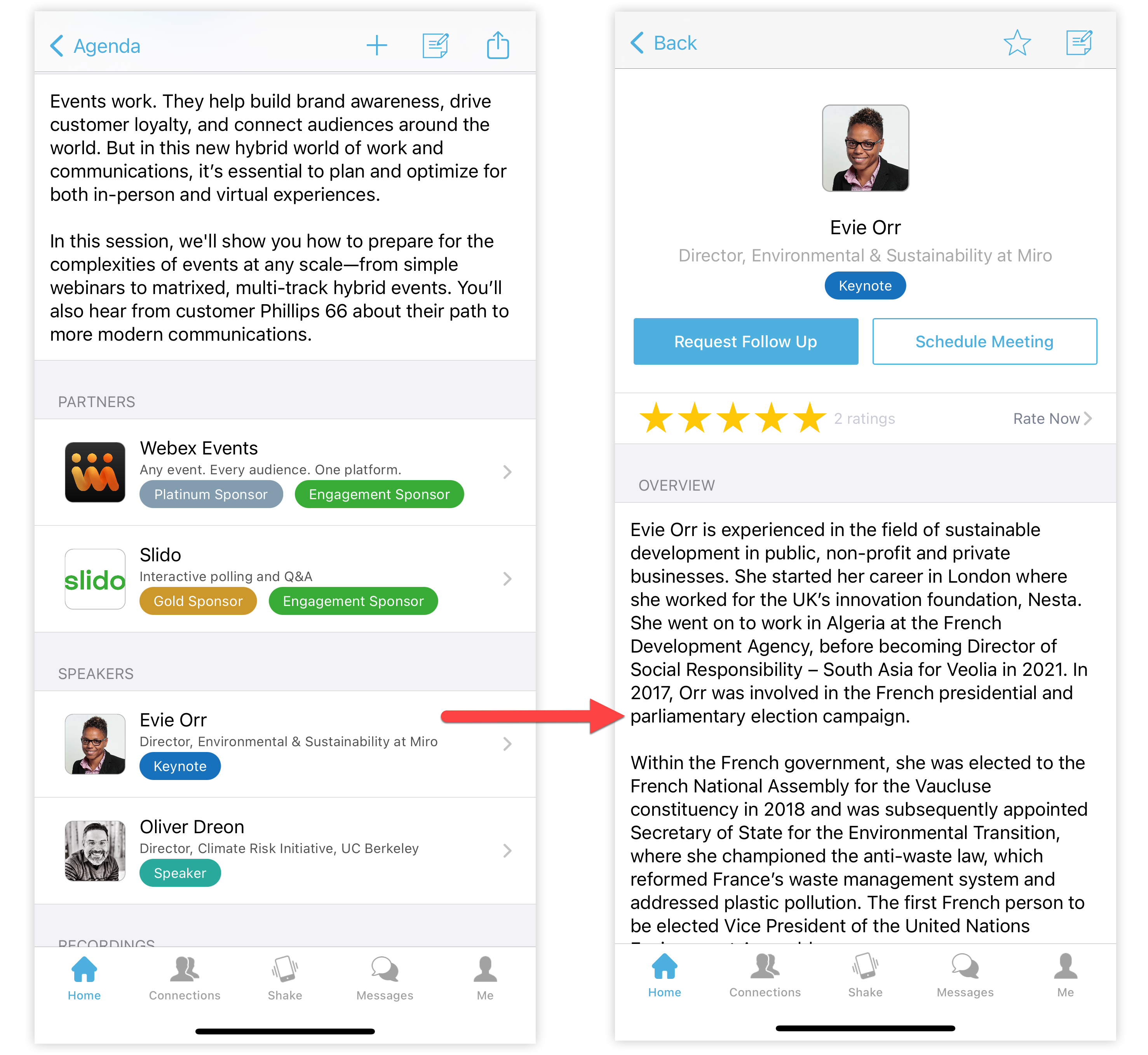 Internal links listed in an Agenda Session, and a speaker profile that opens after tapping that speaker's internal link.