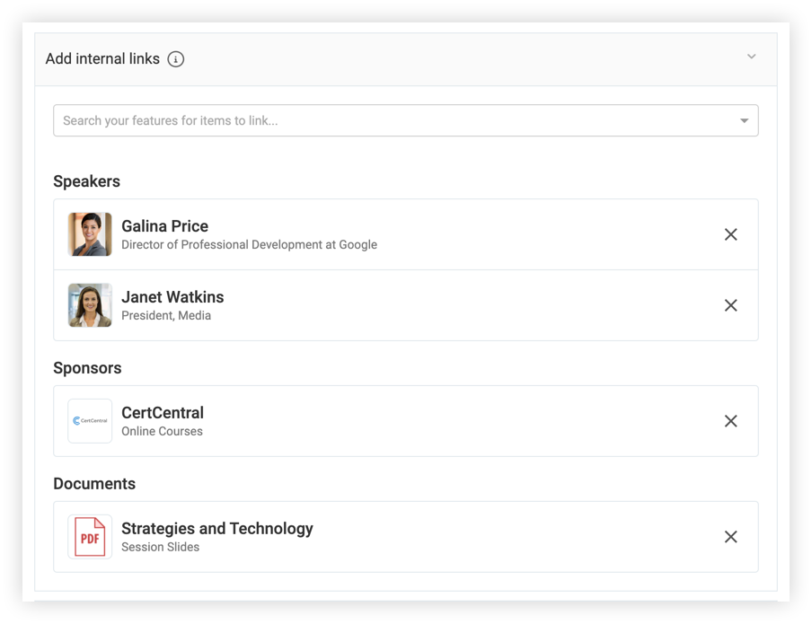 The 'Add internal links' section of a feature. Speakers, a sponsor, and a document have been linked.