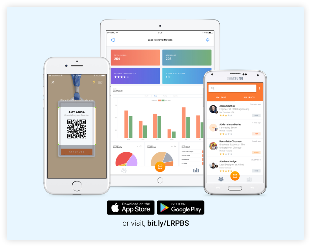 The Lead Retrieval App download page. It shows several different pages of the Lead Retrieval app on two smartphones and a tablet. There are links to the App Store and Play store below.