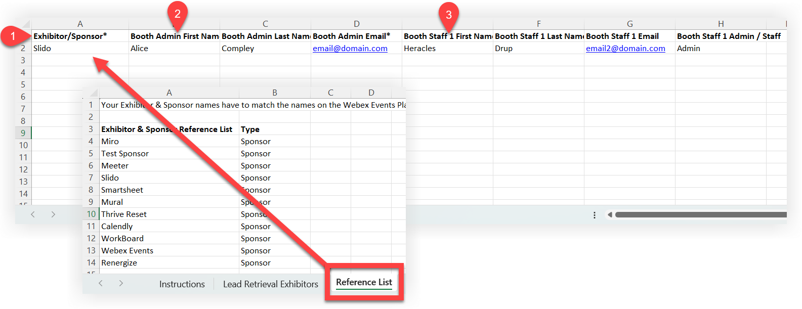The reference list sheet on the exhibitors template.