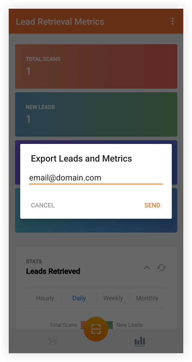 The Lead Retrieval app's Export Leads and Metrics modal.