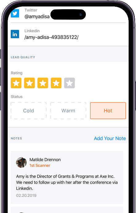 The rating, status, and notes fields in a lead profile on the Lead Retrieval App.