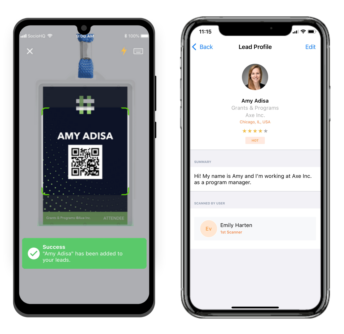 Scanning a QR code and a Lead Profile on the Lead Retrieval App.