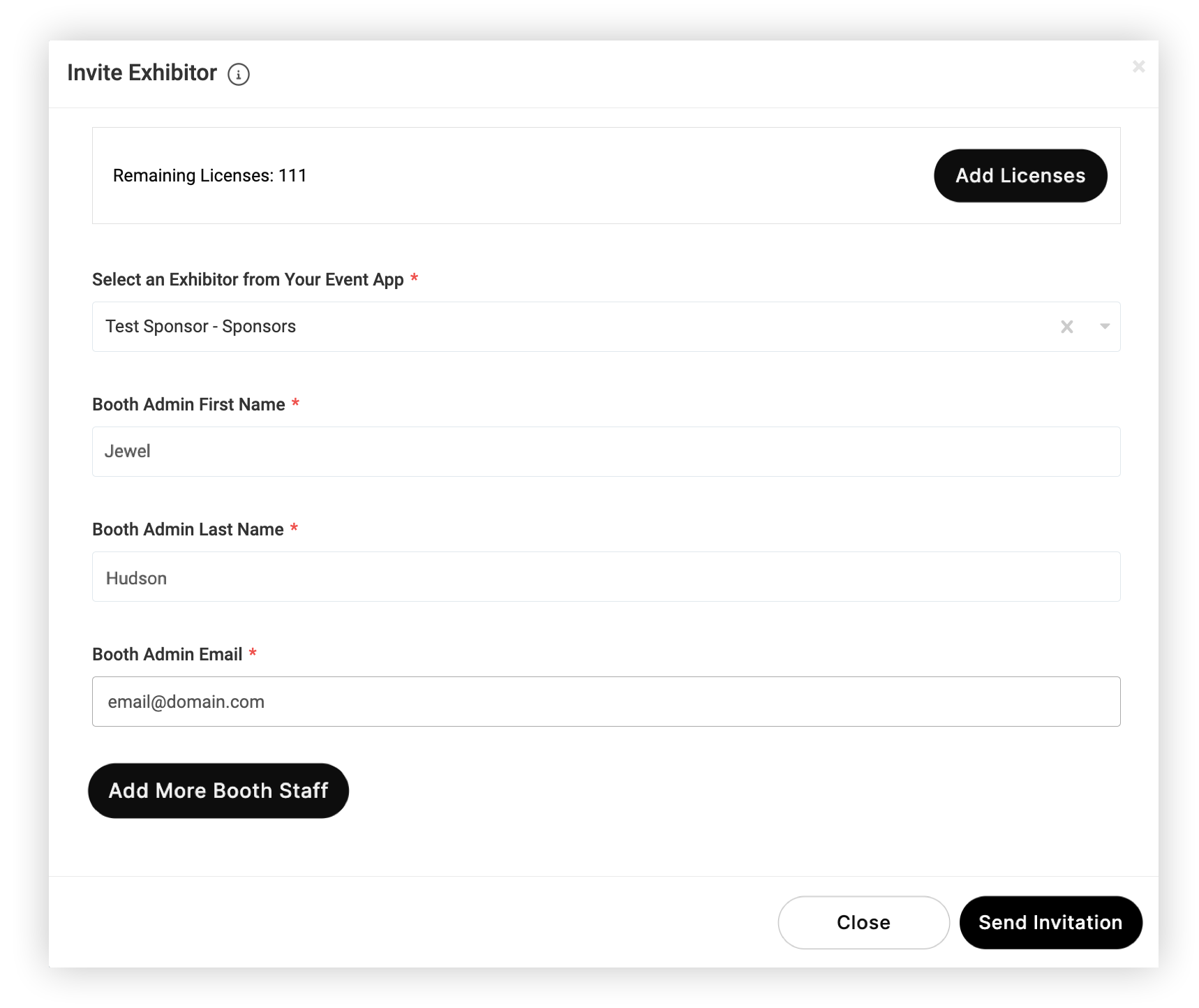 The Invite Exhibitor modal.