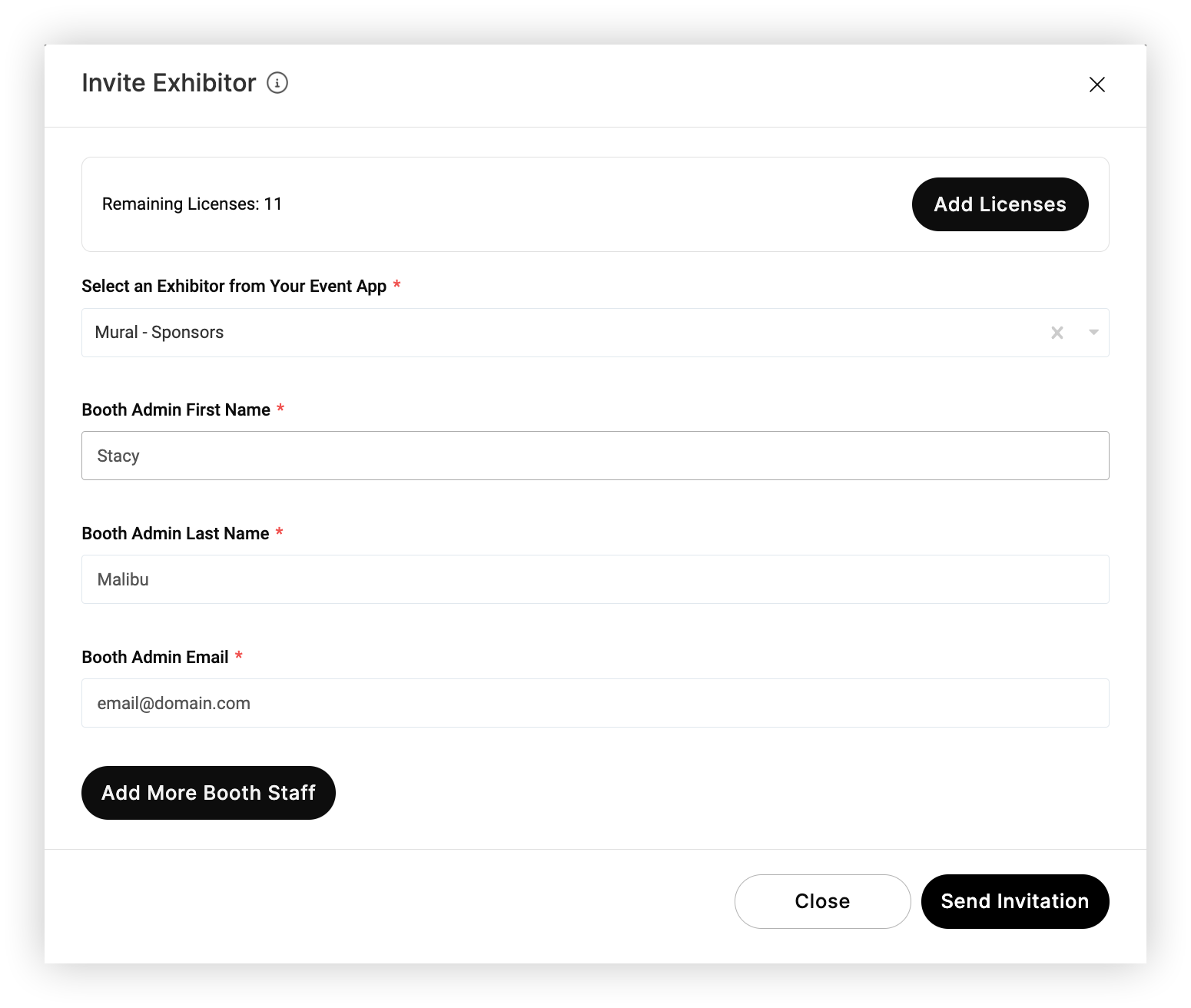 The Invite Exhibitor modal.