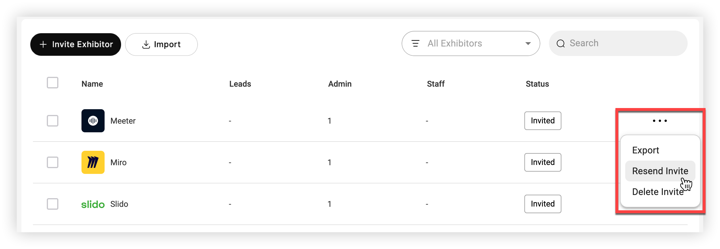 An exhibitor's settings menu expanded.