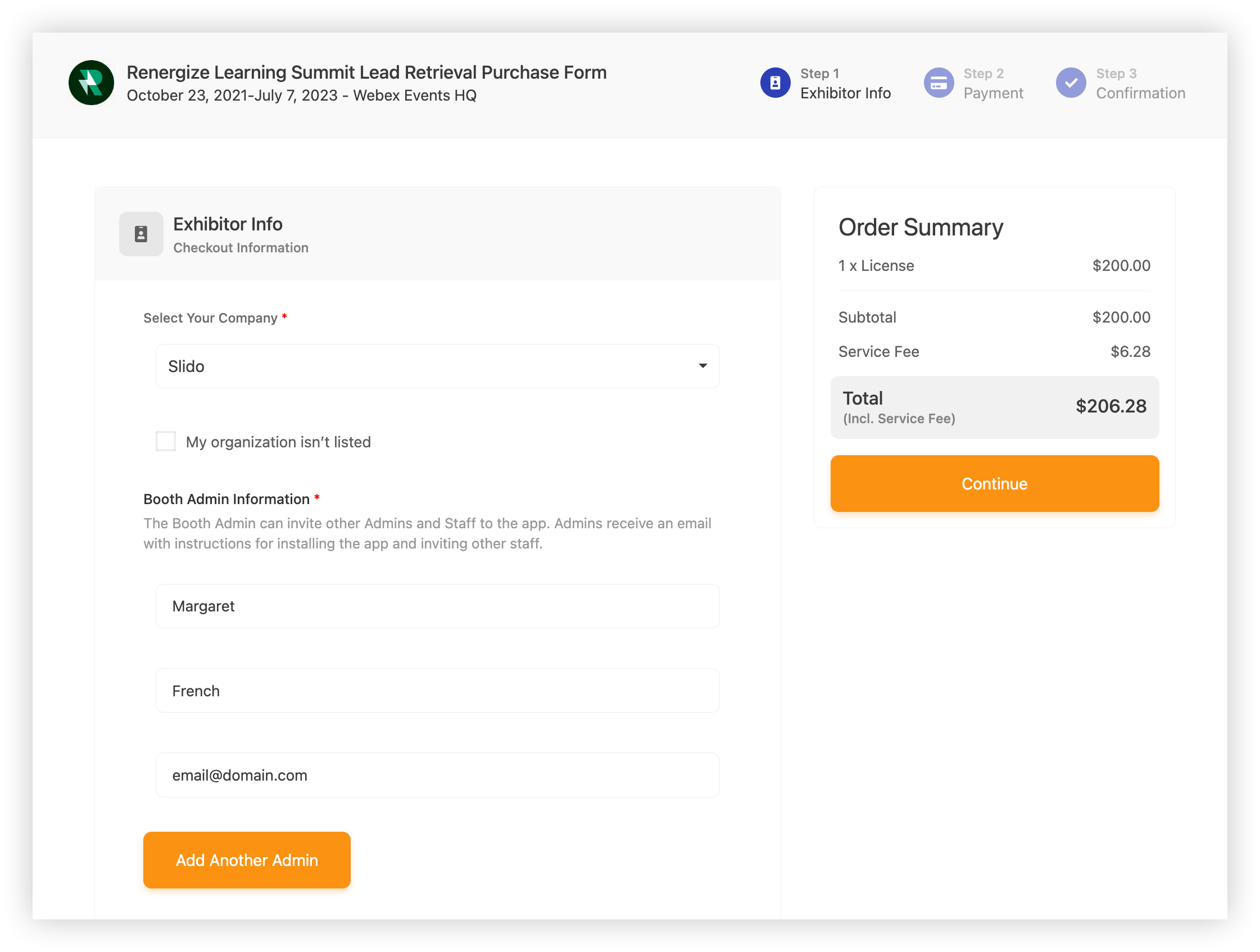 The Exhibitor Info page of the Lead Retrieval purchase form.