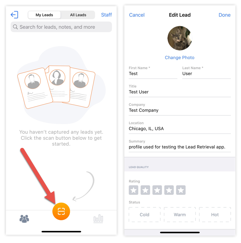 The Lead Retrieval app's scan button and a captured test lead.