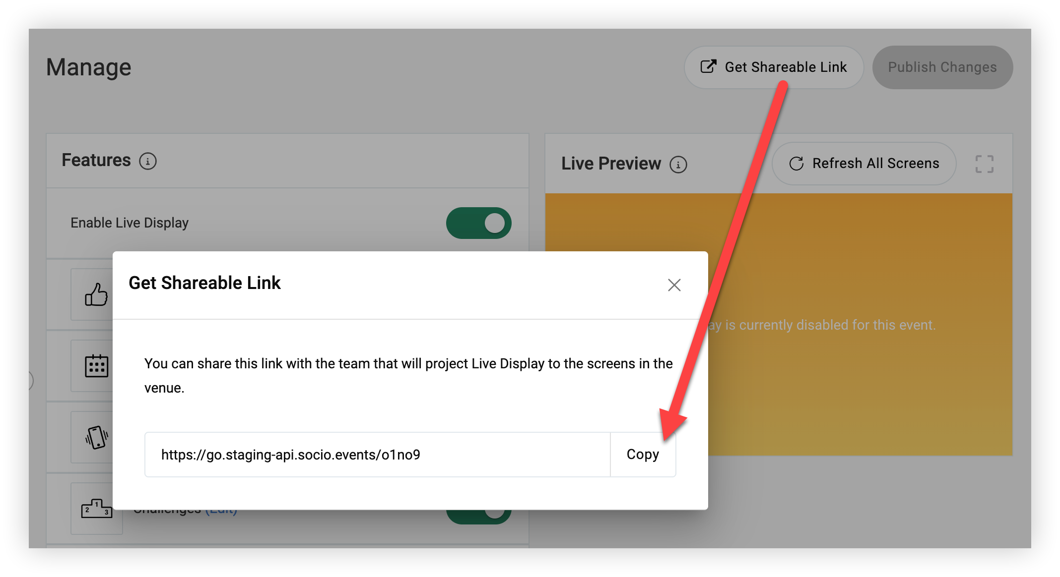 The Get Shareable Link button and modal.