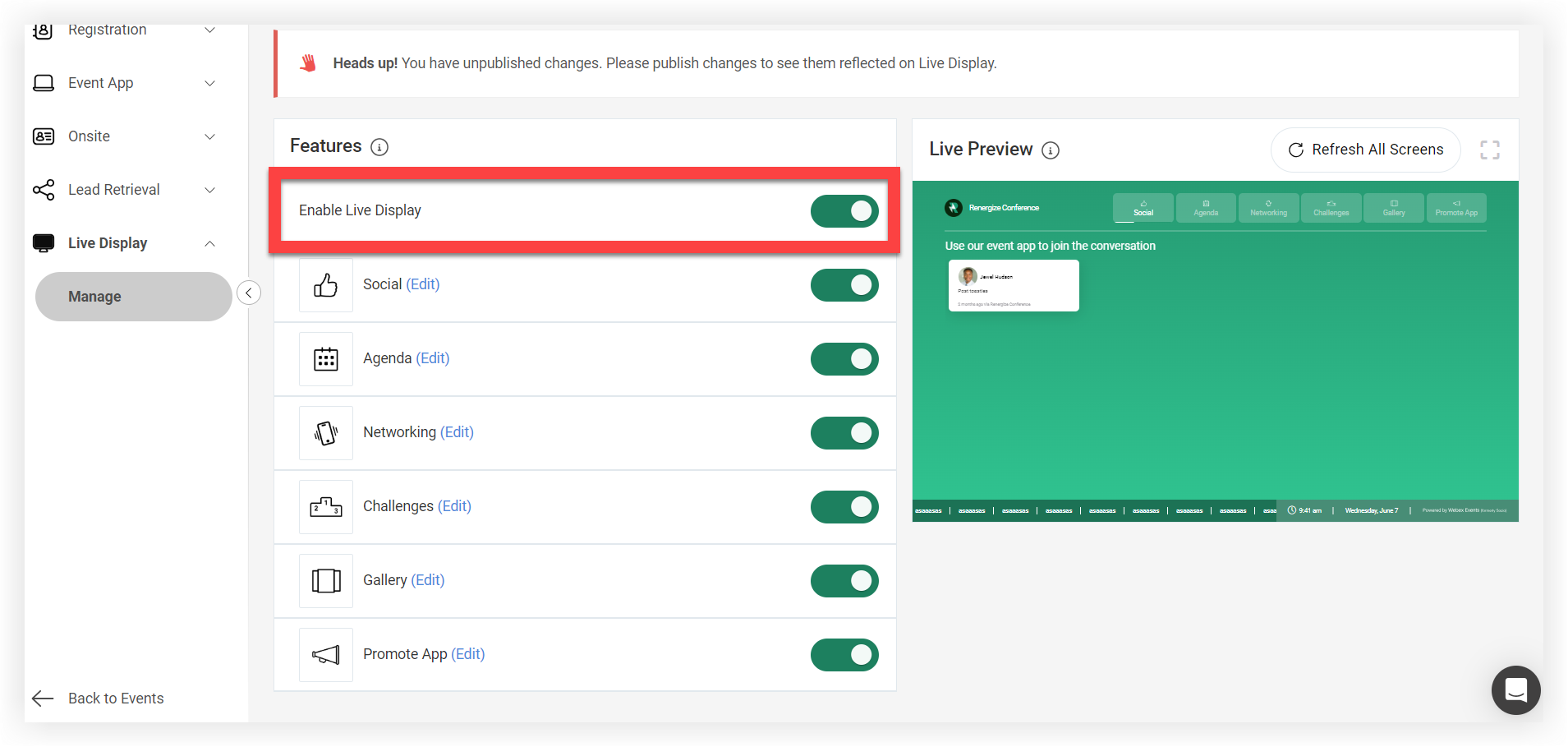 The Features and Live Preview panels in Live Display.