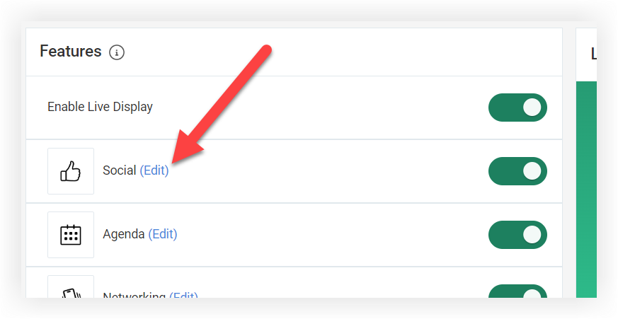 The Live Display page on the Webex Events platform. The 'Edit' link for a feature is indicated.