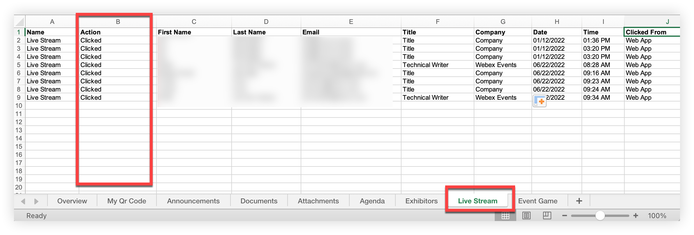 The Live Stream sheet of the Feature Details report. The Action column is hightlighted.