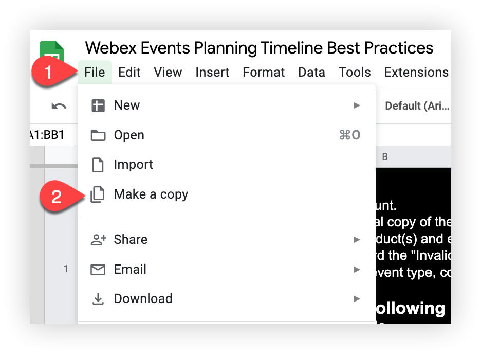 The 'Make a copy' option in the File menu on Google sheets.