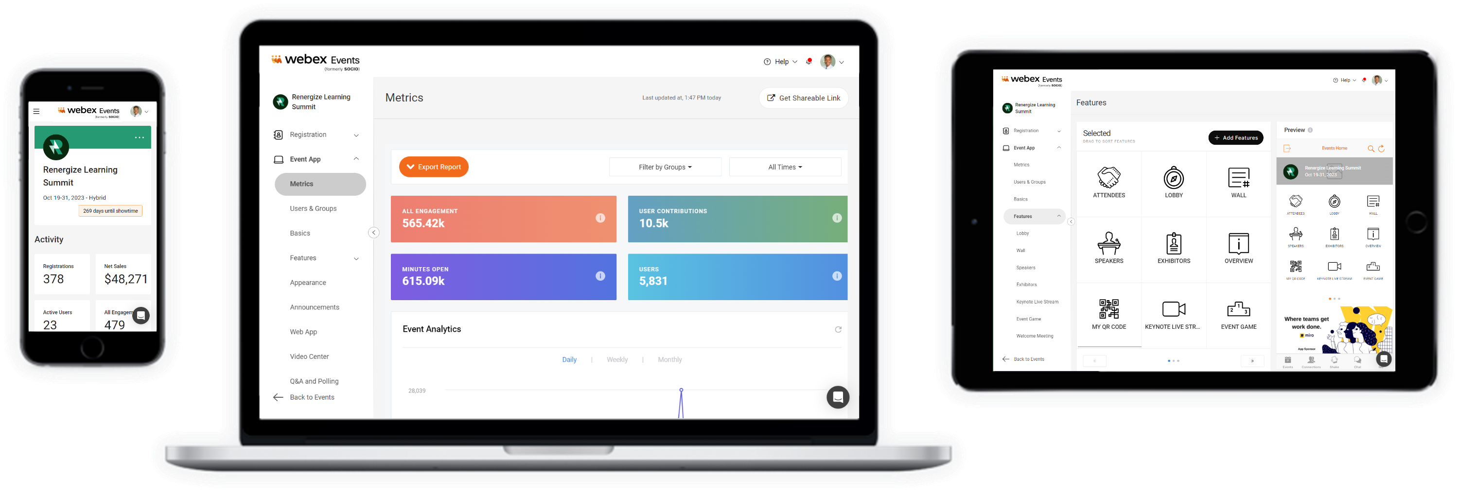 The Webex Events platform on mobile, desktop, and tablet.