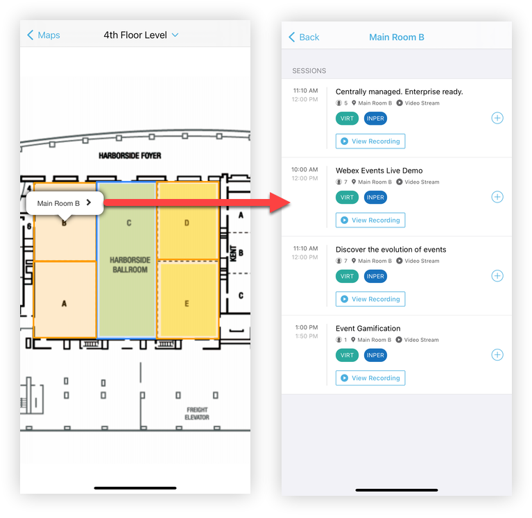 The Maps feature and a list of Sessions associated with a Map location on the mobile app..