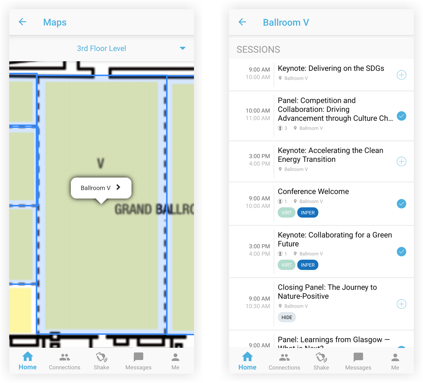 Two images of the maps feature in the mobile app, showing a zoomed map with a location name, and the list of items assigned to that location.