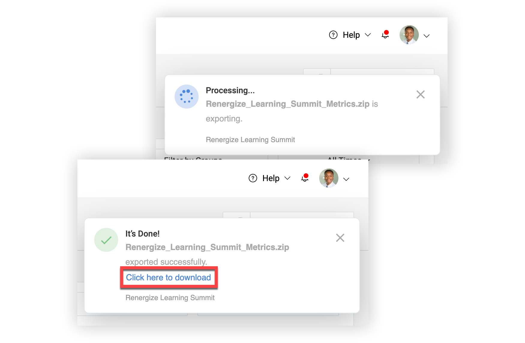 The exporting and export successful notifications.