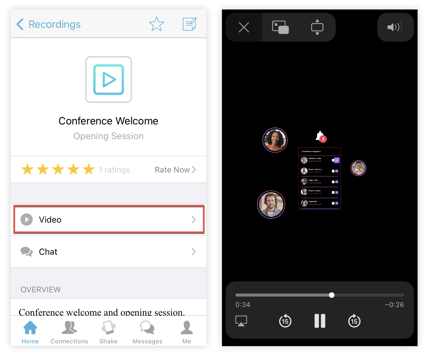 The Video button and the full screen recording playing on the Mobile App.