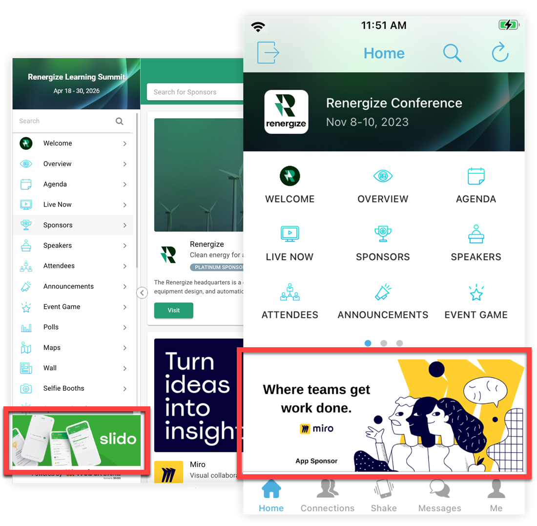 Banners displaying on the Mobile App and the Web App.