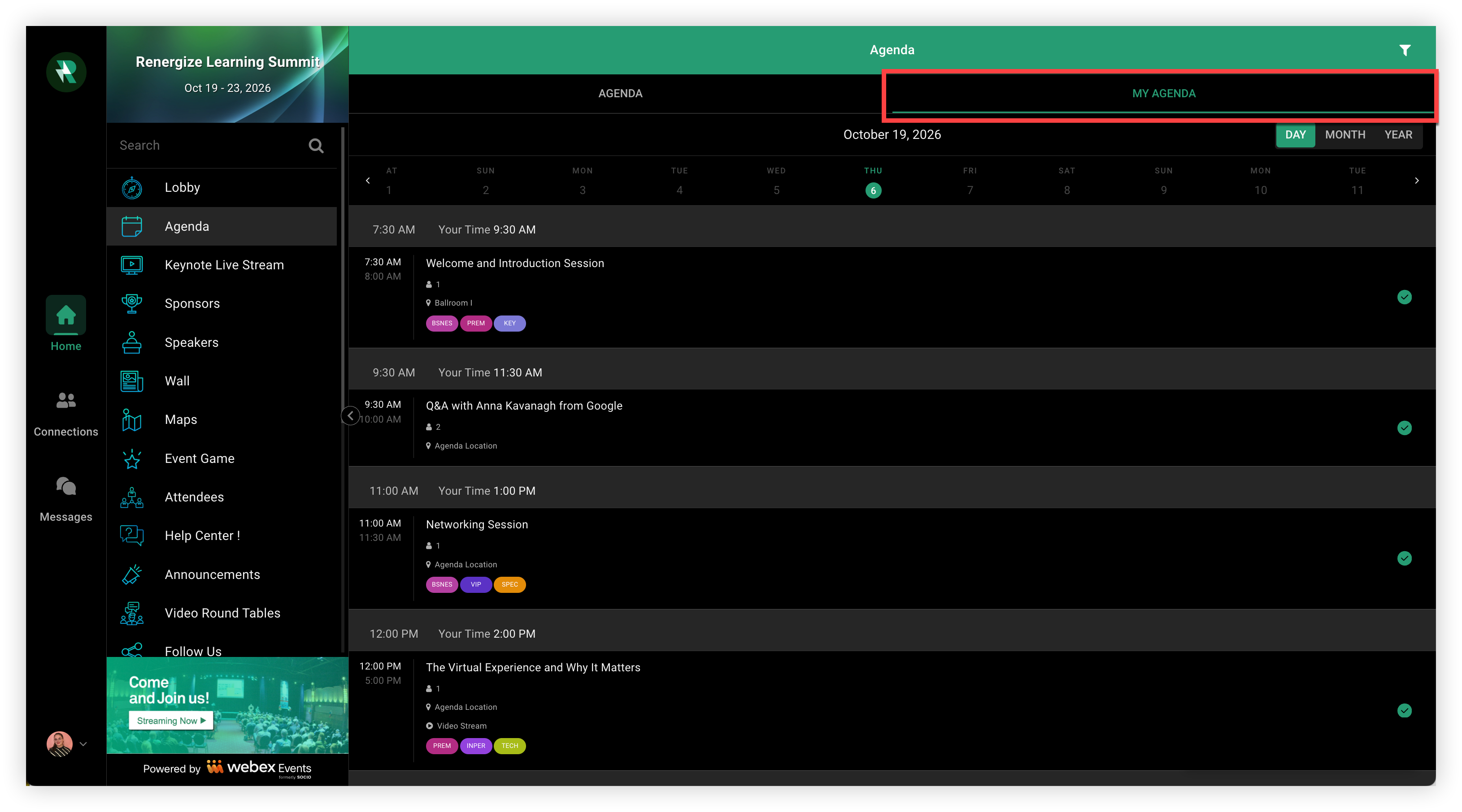 An attendee's My Agenda page on the Web App.