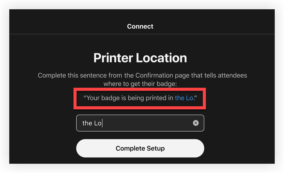 The Printer Location page. The sentence the user is completing is indicated.