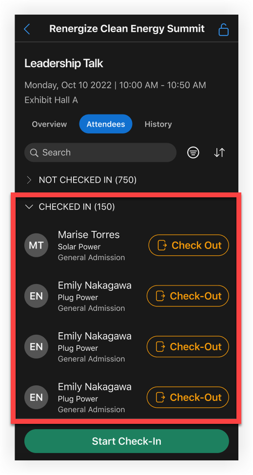 The 'Checked in' section of the session page's attendees tab.
