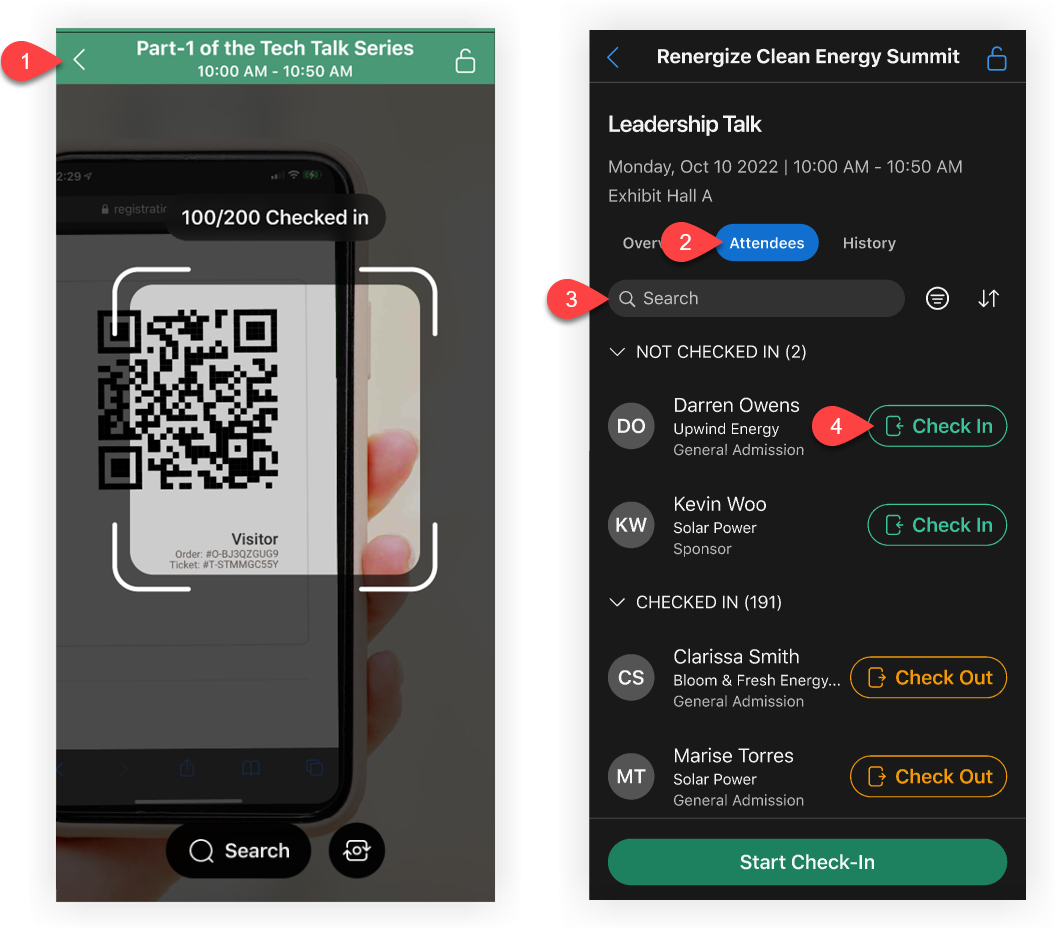 The QR code scan screen and the Attendees tab in a Session.