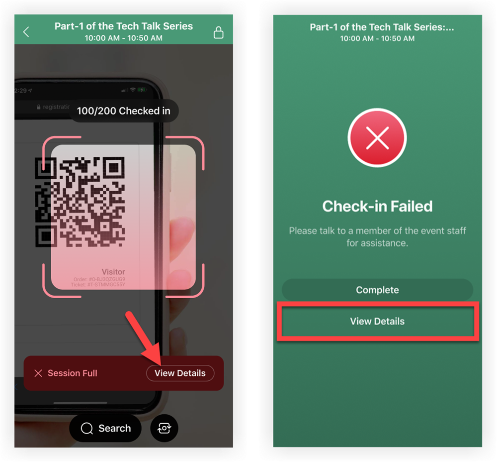 The 'View Details' button on the scan and check-in confirmation screens.