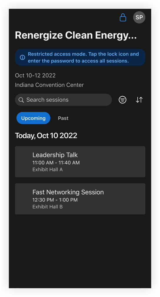 The Upcoming tab of the Session list.