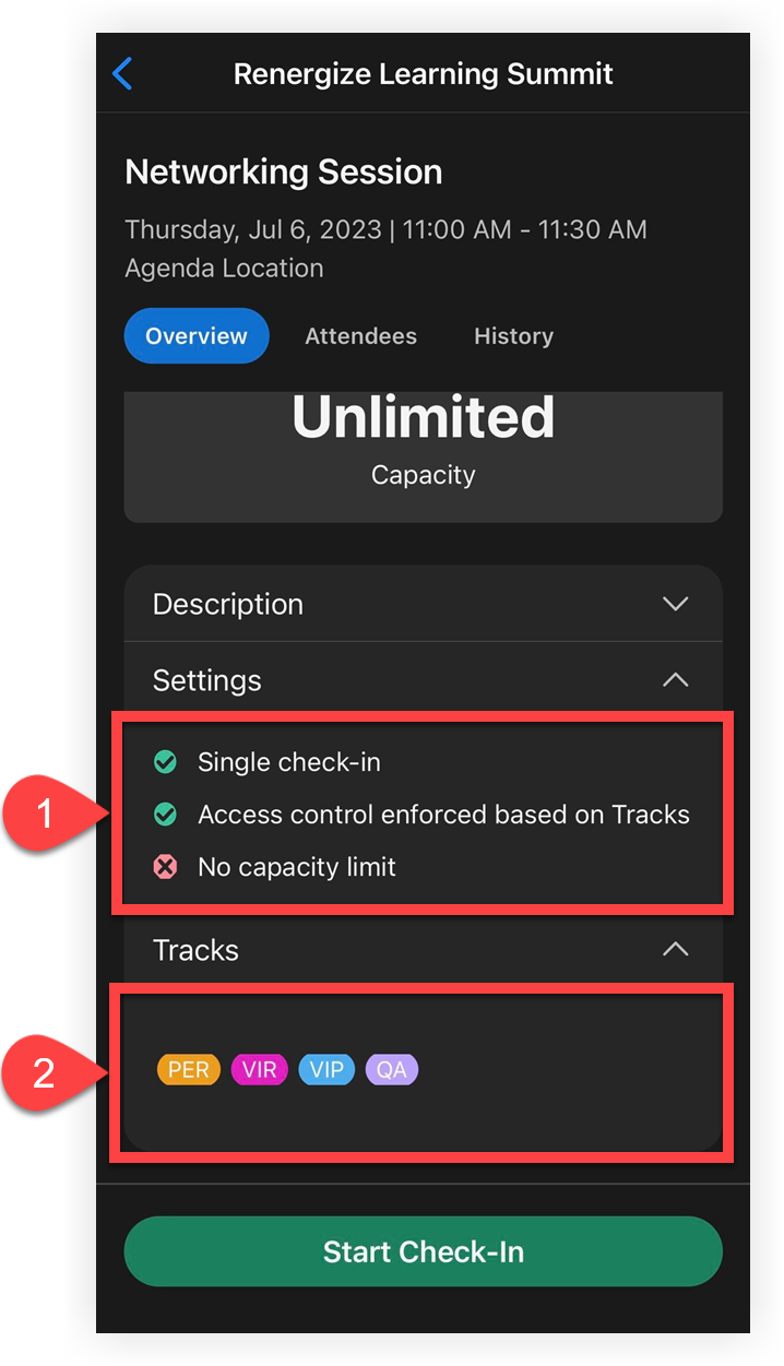 The Settings and Tracks sections of a Session page expanded.
