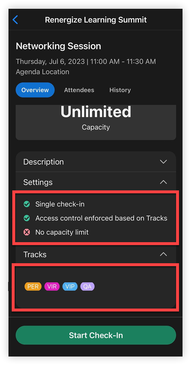 The Onsite App's Session Check-in page for a Session. The Tracks and Settings sections are indicated.