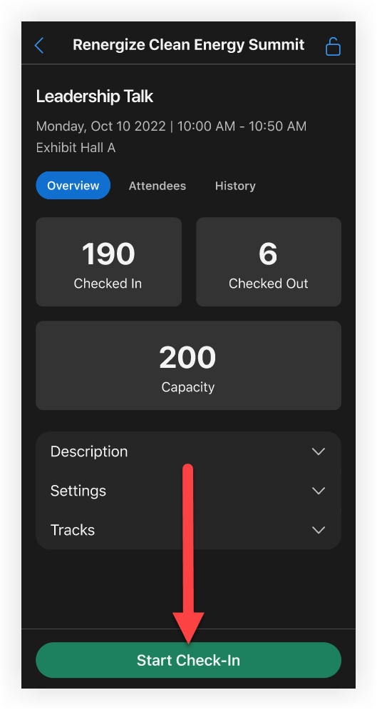 A Session detail page in the Onsite App. The Start Check-In button is indicated.