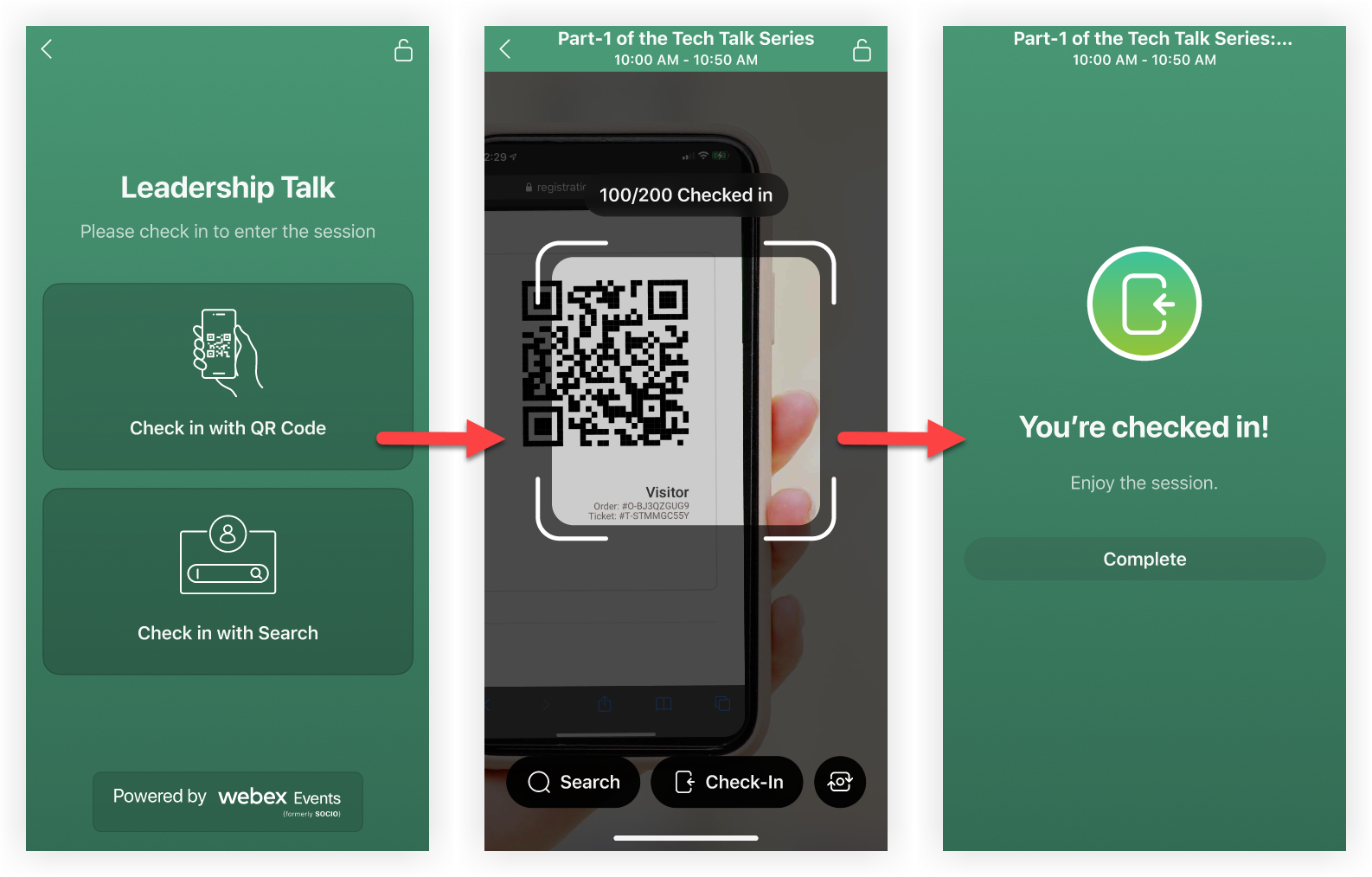 The Session Check-in welcome page, the barcode scan page, and the confirmation page from left to right.