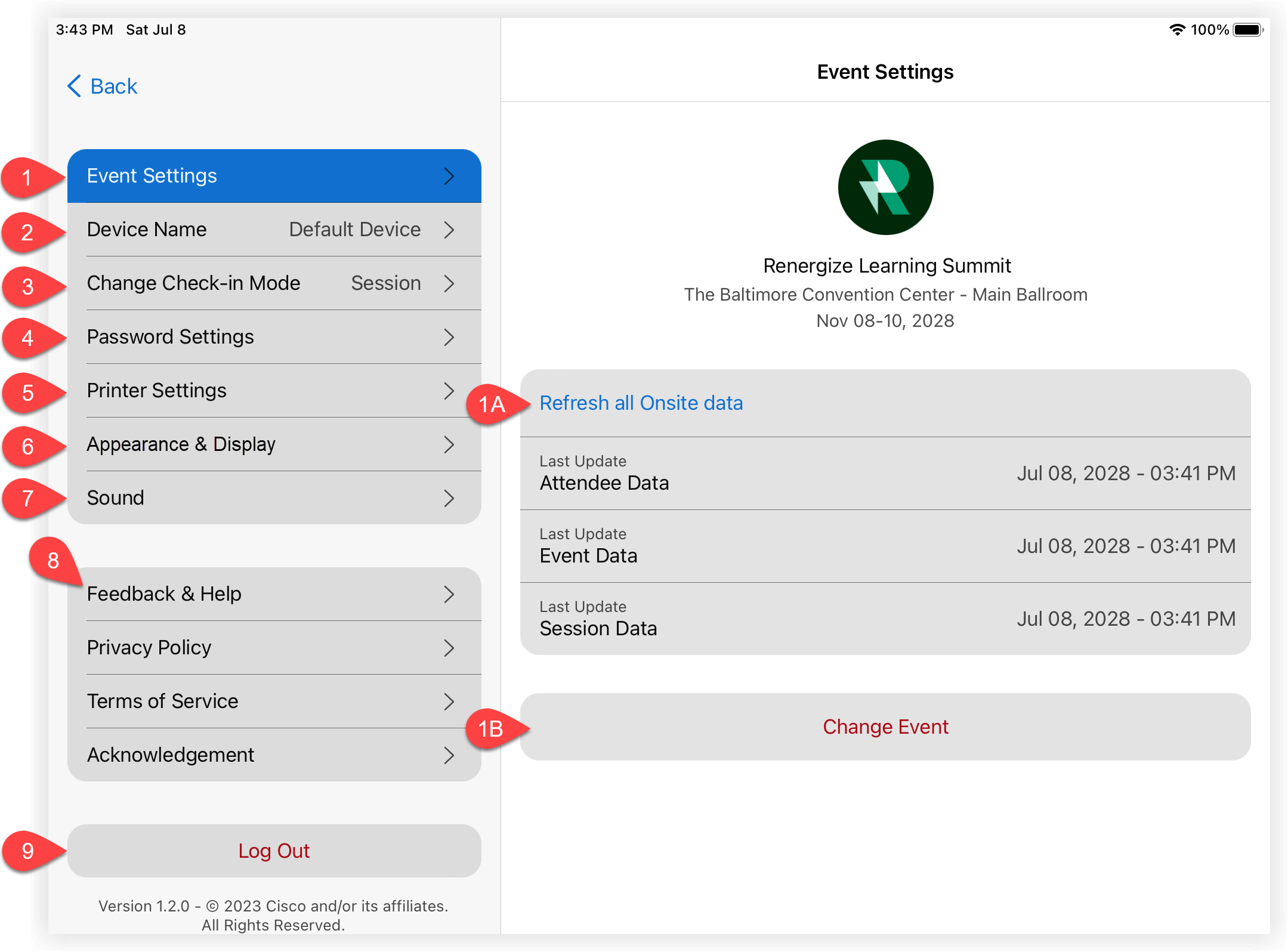 The Onsite App menu key with numbered flags corresponding the numbered headings below.