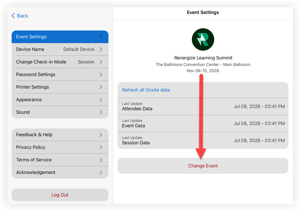 The Event Settings page in the Onsite App. The 'Change Event' option is indicated.