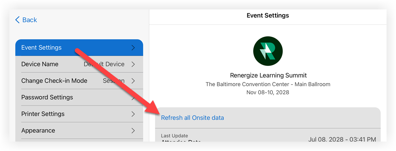 Screenshot of the Event Settings page in the Onsite App. The Refresh all onsite data button is indicated.