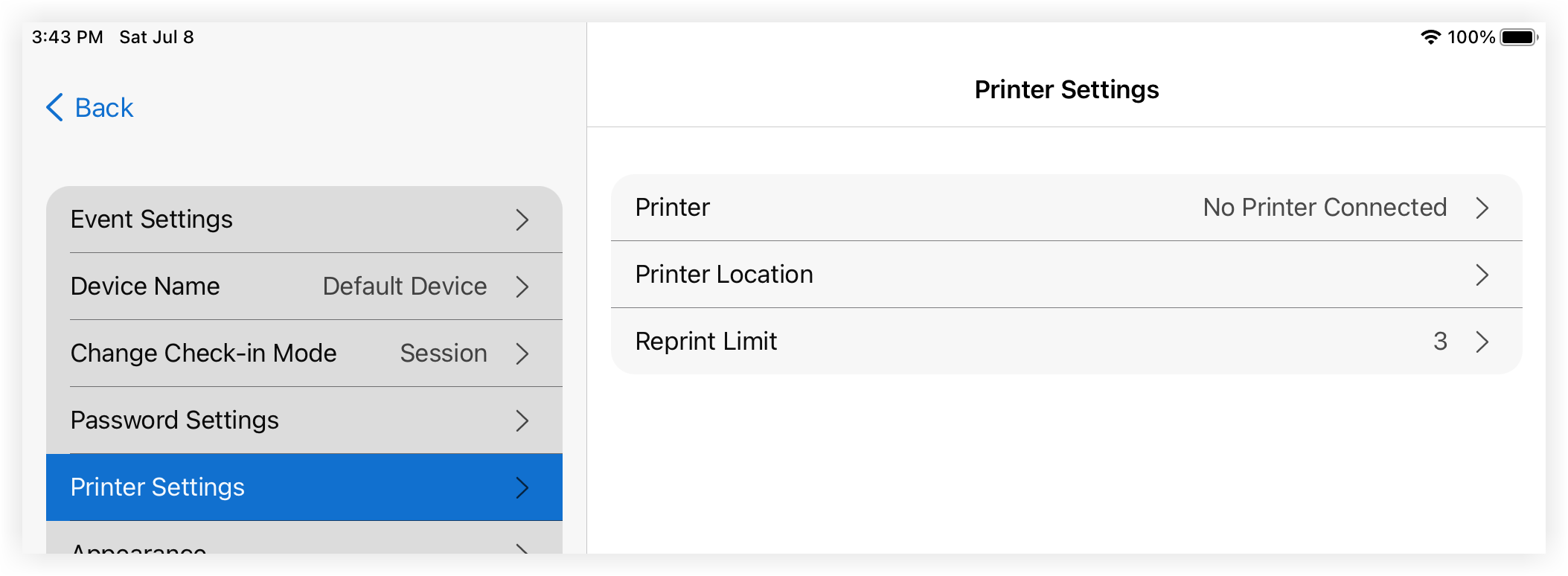 The Printer Settings page.